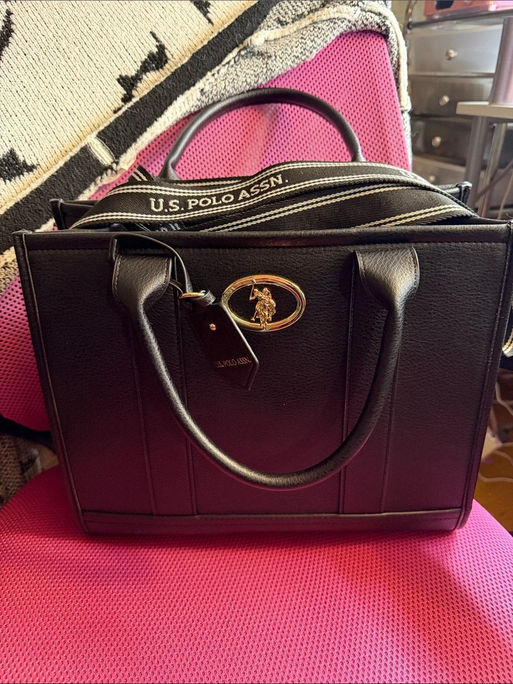U.S. Polo Assn. Black Satchel with Gold Logo Accent